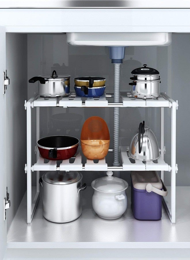 INOVERA (LABEL) Plastic 2 Tier Pool Space Under Sink Storage Organizer - Adjustable Kitchen Rack Holder - Expandable Cabinet Shelf (50-68L x 25B x 41.5H cm, White) - Image 1